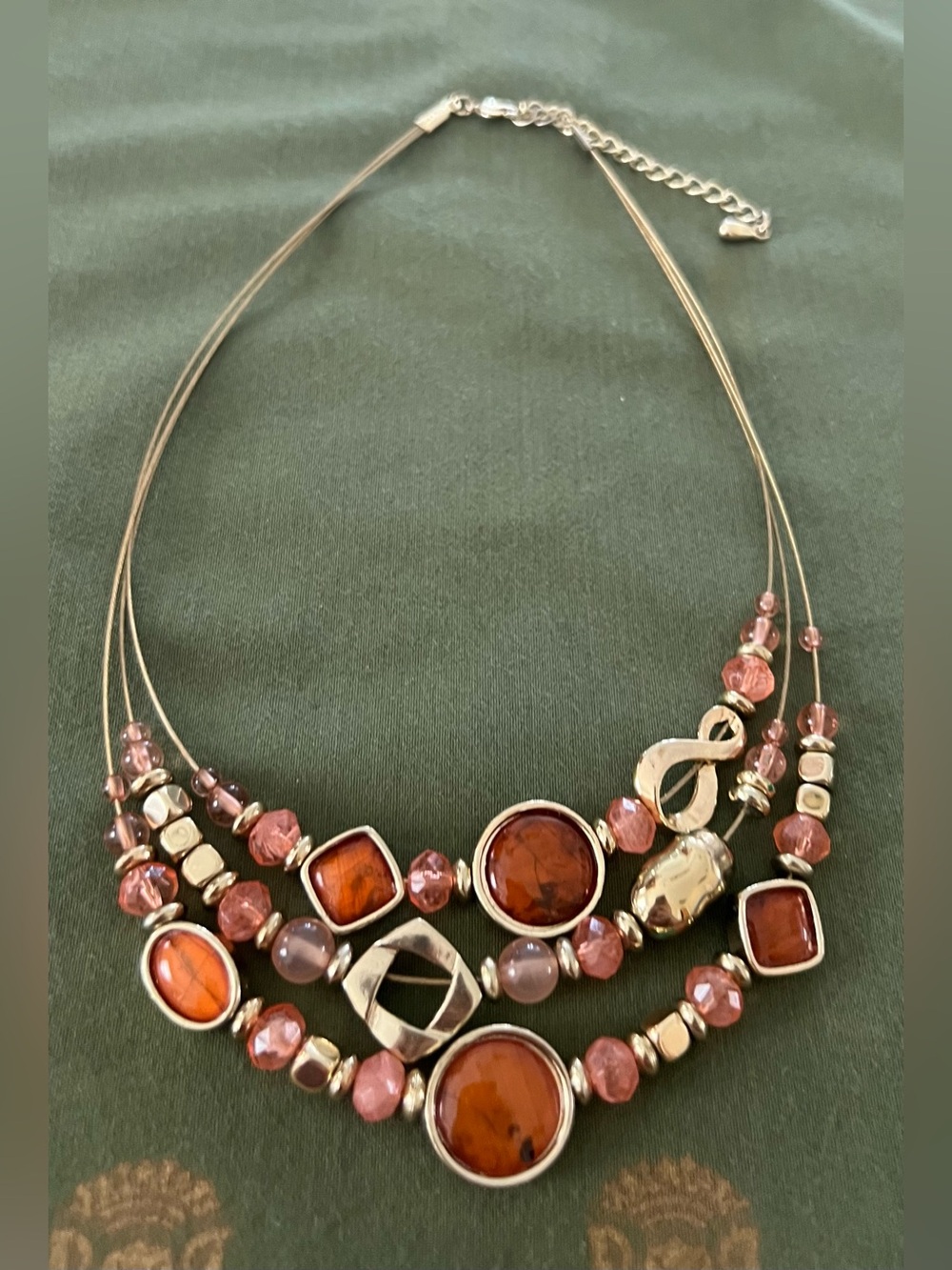 Multi-Strand Pink and Amber Beaded Necklace - Unbranded